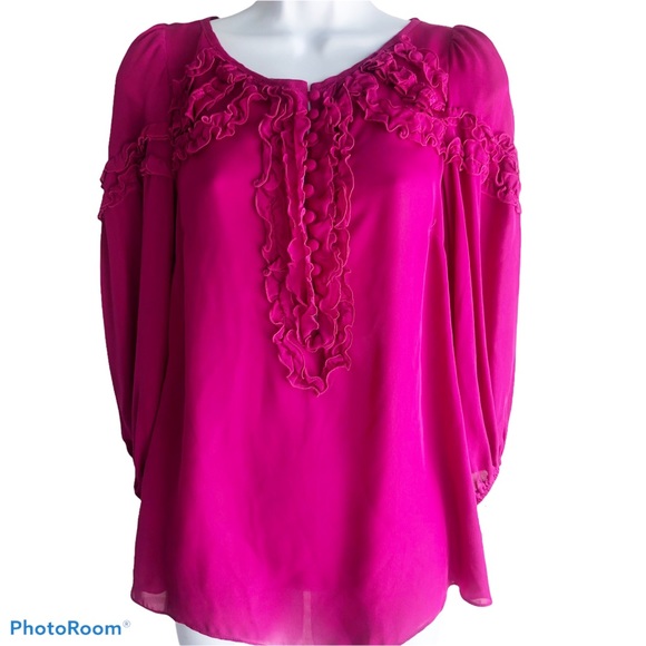 Nanette Lepore Silk Long Hot Pink Ruffle Blouse 4 - Picture 5 of 8